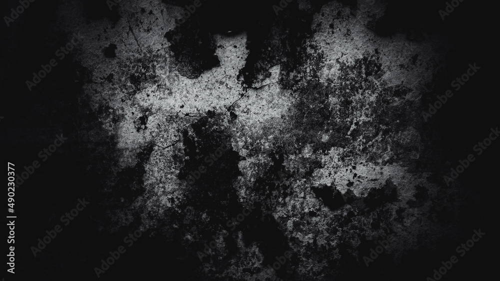 Closeup of a dark grunge background with white stained patterns with copyspace