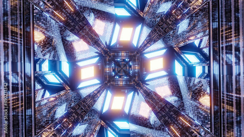 Fotografia 3D illustration of a brightly-enlightened angular rhombus shaped sci-fi tunnel
