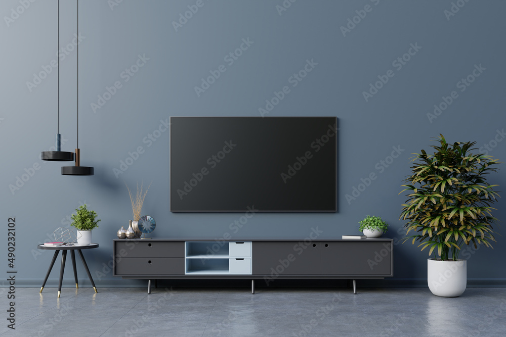 LED TV on the dark blue wall in living room,minimal design. Stock  Illustration | Adobe Stock