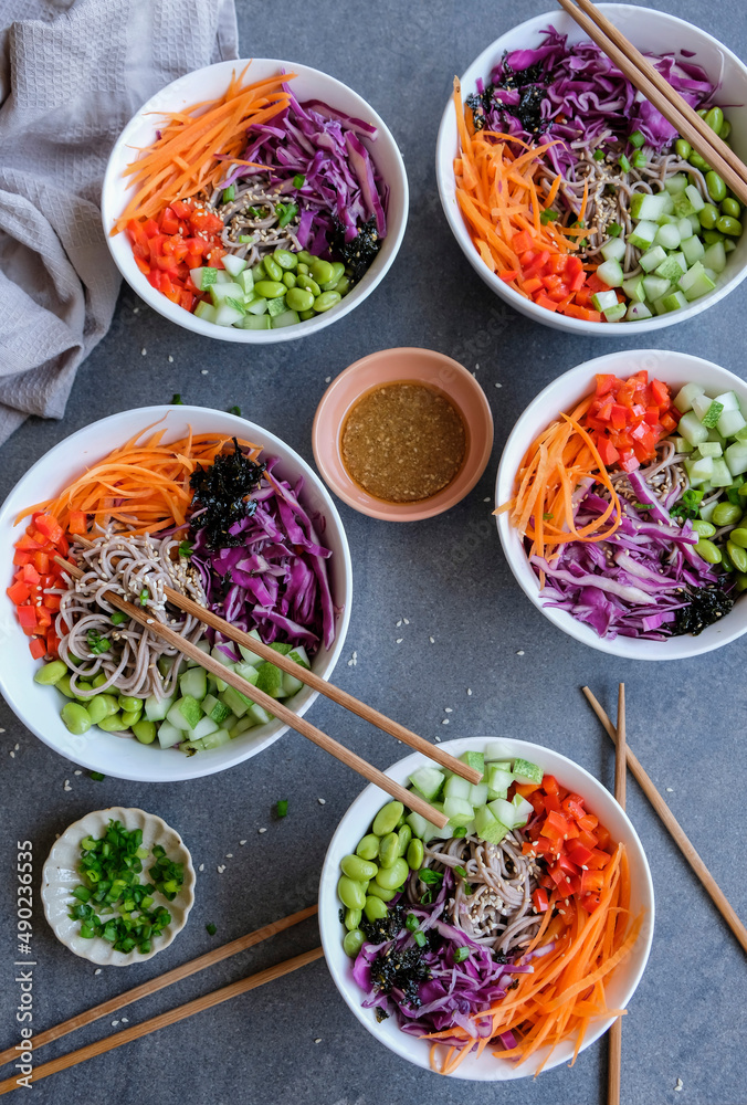 Delicious and healthy homemade Japanese dish. Rainbow Soba Bowl with Sesame Dressing. Great meal for a cleaner living and full of nutritions