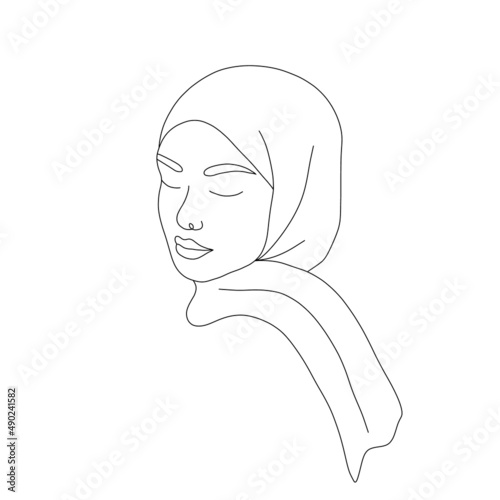 Linear arab woman in hijab. Elegant female portrait with closed eyes. Hand drawn outline female silhouette. Vector illustration in one line style. Beauty logo.