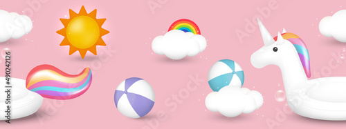 Summer design 3d seamless pattern with cartoon sun, clouds, rainbow, beach ball, unicorn inflatable pool float toy, on pastel pink background. Vector illustration.