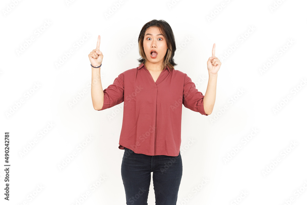 Showing Product and Pointing Up Of Beautiful Asian Woman Isolated On White Background Showing Product and Pointing Up Of Beautiful Asian Woman Isolated On White Background