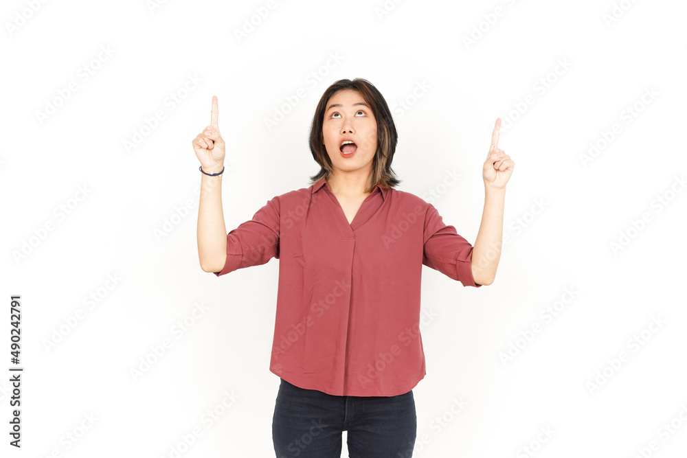 Showing Product and Pointing Up Of Beautiful Asian Woman Isolated On White Background Showing Product and Pointing Up Of Beautiful Asian Woman Isolated On White Background
