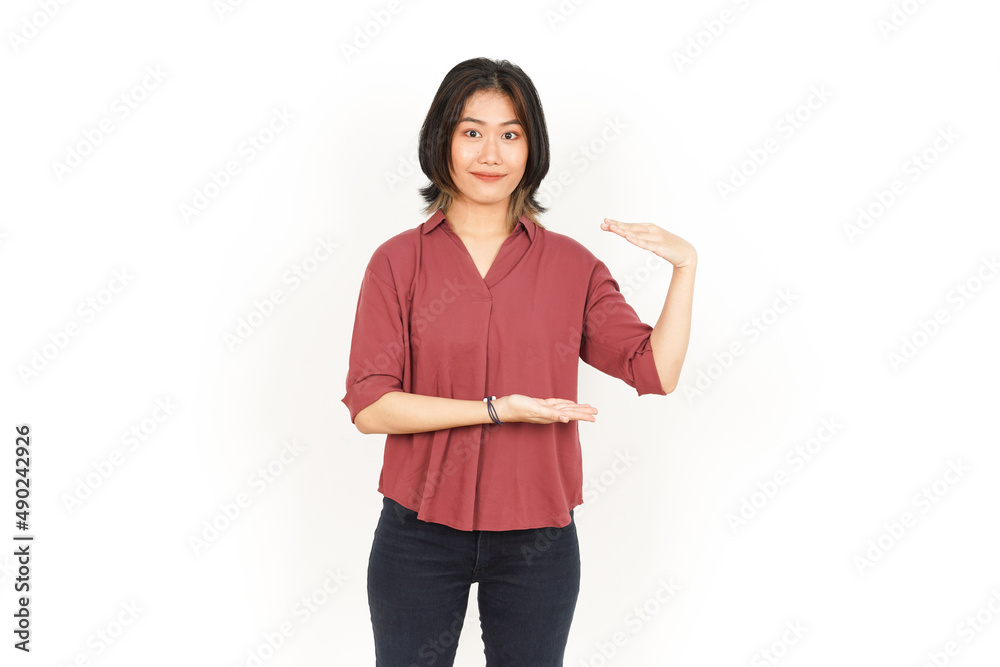 Measuring and Showing Big Sign Product Of Beautiful Asian Woman Isolated On White Background Measuring and Showing Big Sign Product Of Beautiful Asian Woman Isolated On White Background
