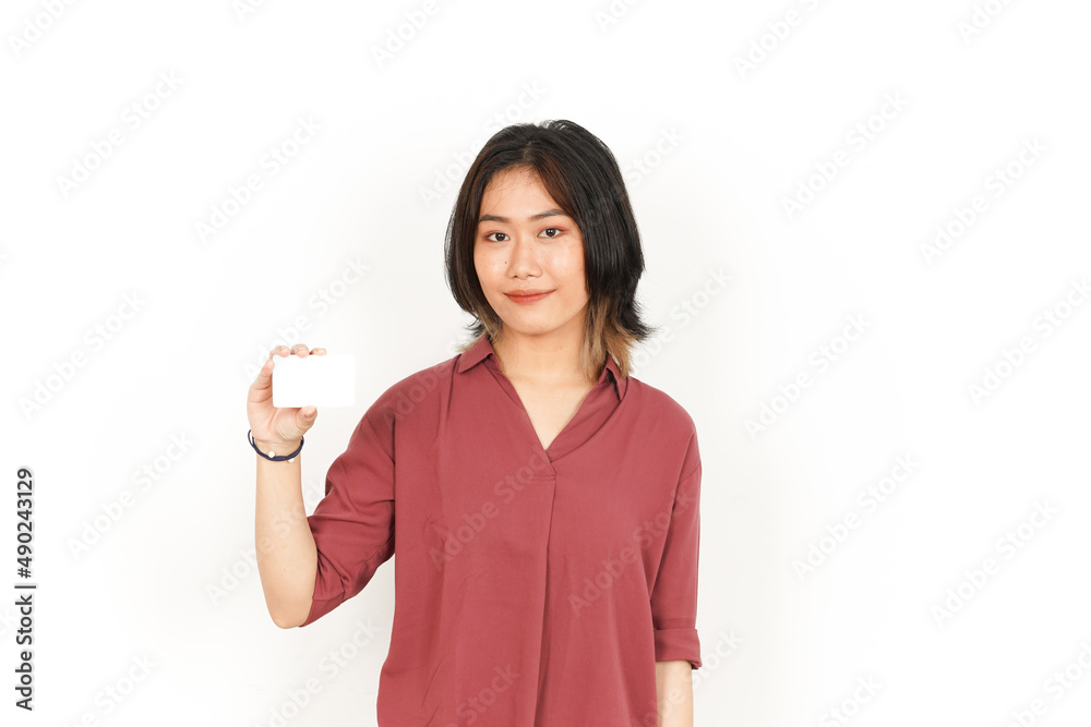 Showing Blank Credit or Bank Card Of Beautiful Asian Woman Isolated On White Background Showing Blank Credit or Bank Card Of Beautiful Asian Woman Isolated On White Background
