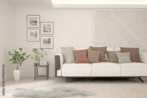 White living room with sofa. Scandinavian interior design. 3D illustration