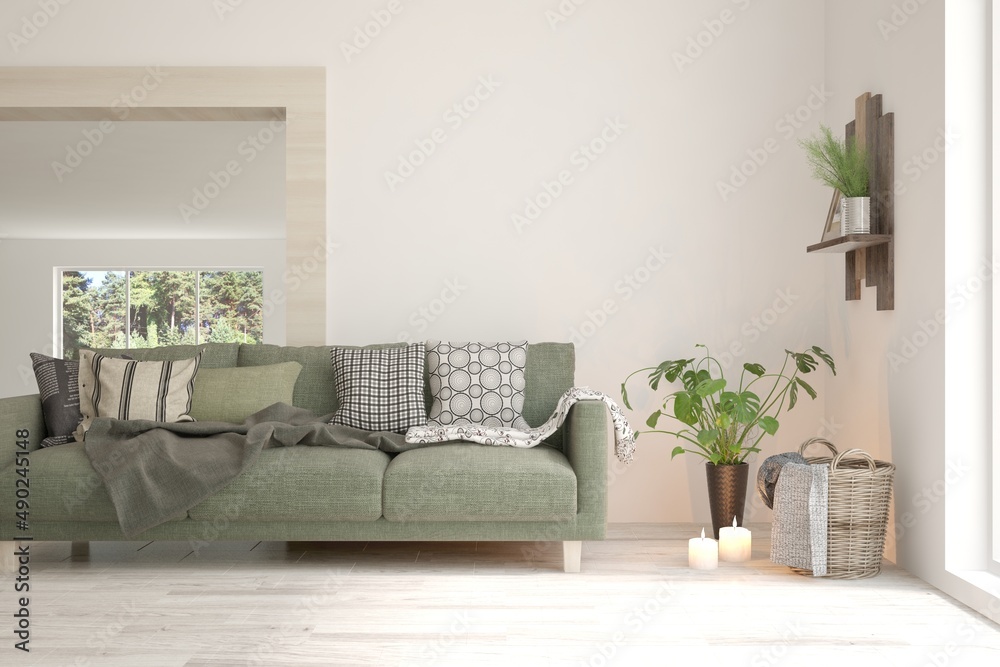Fototapeta premium Modern living room in white color with sofa. Scandinavian interior design. 3D illustration