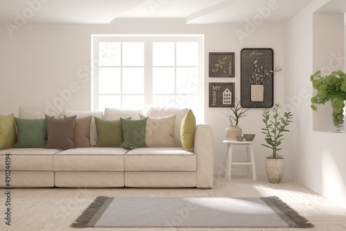 Modern living room in white color with sofa. Scandinavian interior design. 3D illustration