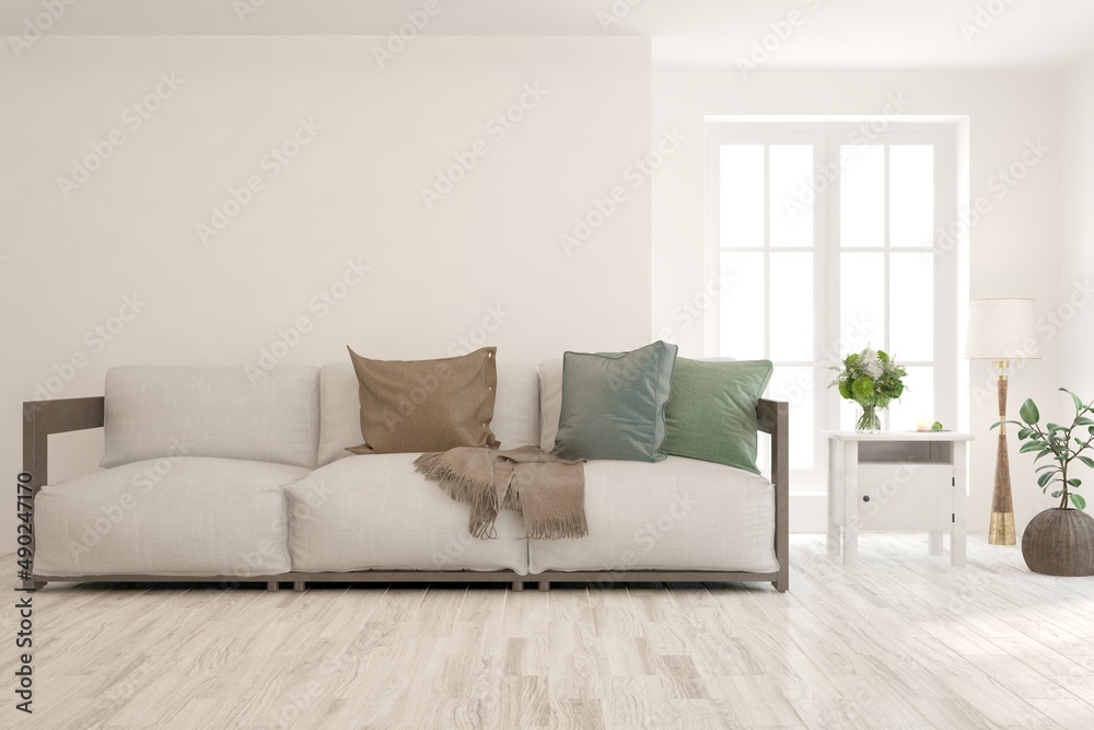 Fototapeta premium White living room with sofa. Scandinavian interior design. 3D illustration