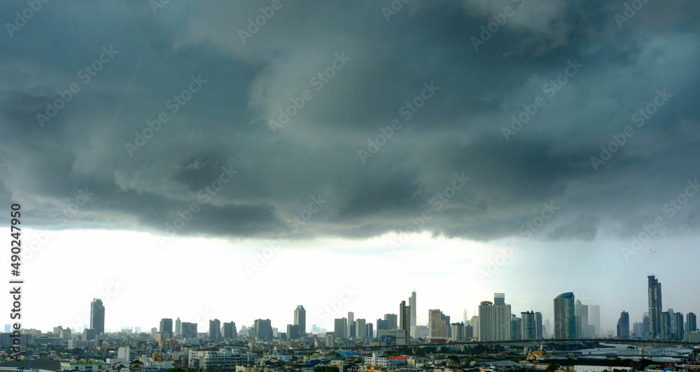 Bangkok Storm clouds sky heavy rain In a modern city