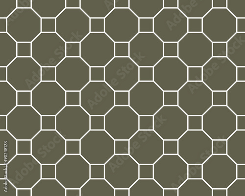 Contemporary tessellated repeating octagon and squares regular grid pattern of white linear shape outlines on a gray brown background, geometric vector illustration