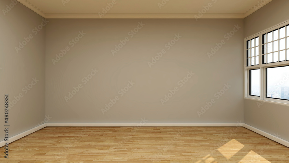 Empty room with khaki wall, wooden floor, white single hung window on the side. 3d illustration. 3d rendering Empty room with khaki wall, wooden floor, white single hung window on the side. 3d illustration. 3d rendering
