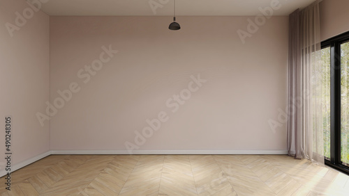 Empty room with soft pink wall, wooden floor, black frame window, drape curtain and hanging lamp. 3d illustration. 3d illustration