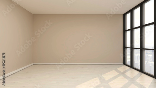 Empty room with a khaki wall  wooden floor  wide panoramic black frame window. 3d illustration.  3d rendering