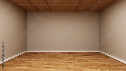 Fototapeta Naklejka Na Ścianę i Meble -  Empty room with a khaki wall, wooden ceiling, and wooden floor. 3d illustration. 3d rendering