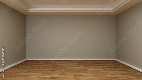 Empty room with khaki wall, suspended ceiling and wooden floor. 3d illustration. 3d rendering