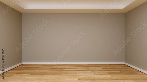 Fototapeta Naklejka Na Ścianę i Meble -  Empty room with a khaki wall, suspended ceiling, and wooden floor. 3d illustration. 3d rendering