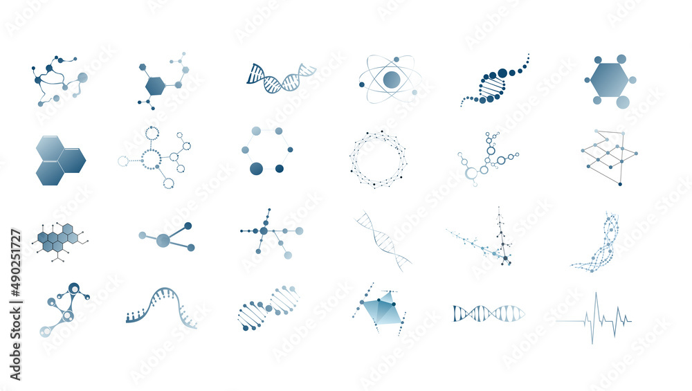Obraz premium Illustration set. DNA atomic neuron molecule icon.