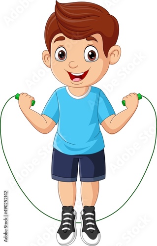 Cartoon little boy playing jumping rope