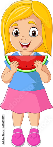 Cartoon little girl eating watermelon slice