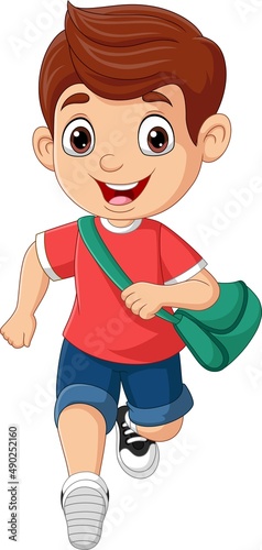 Cartoon school boy with backpack running