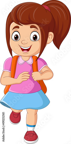 Cartoon school girl with backpack running