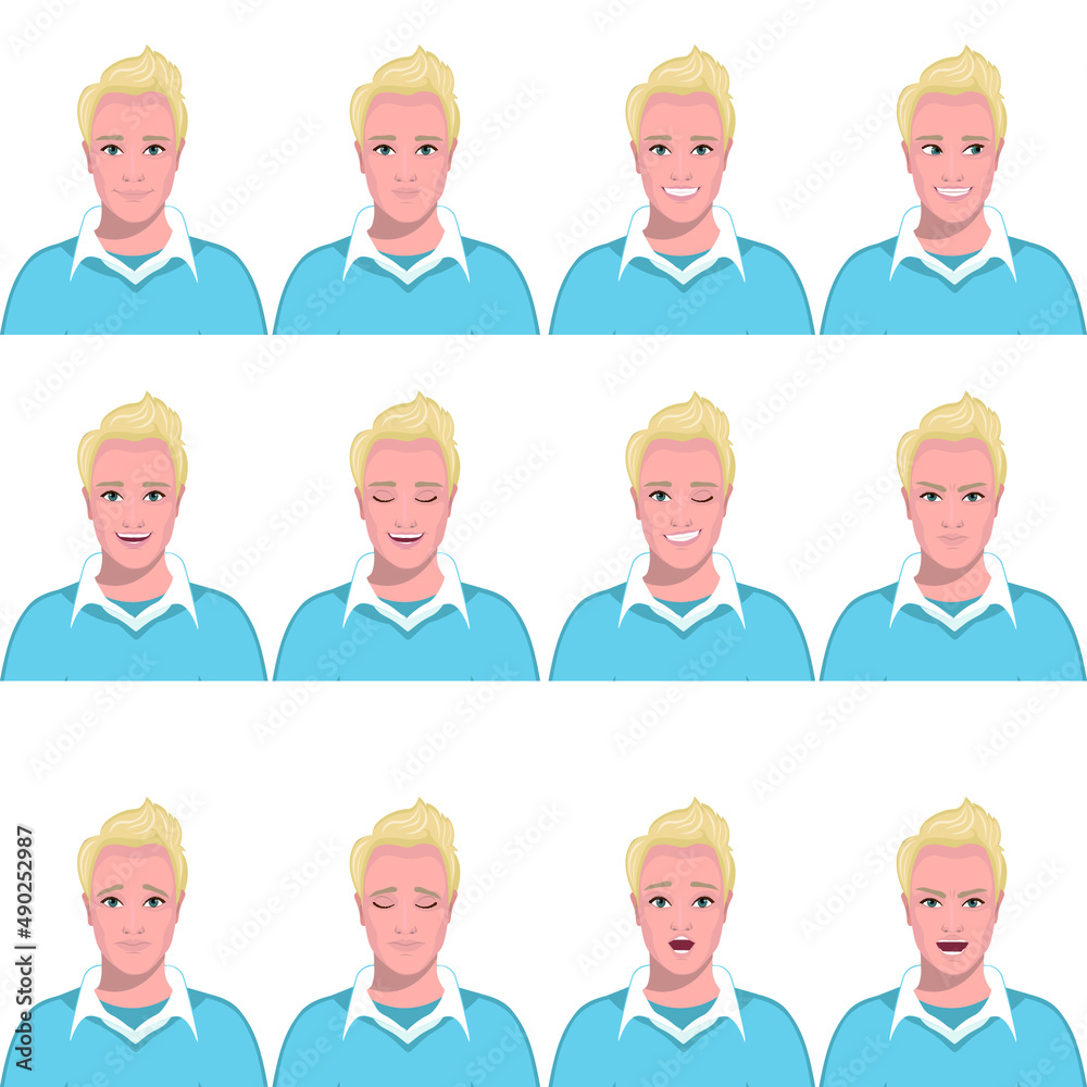 Fototapeta premium Blond man with different facial expressions. Set of human emotions. Isolated vector illustration set.
