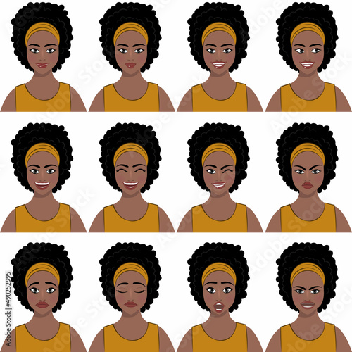 Black woman with different facial expressions. Set of human emotions. Isolated vector illustration set.
