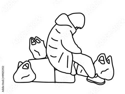 路上生活者の線画イラスト_モノクロ