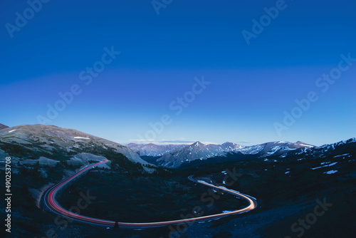 Mountain pass with vehicle lights