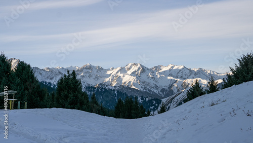 View of the mountain peaks from the snowy plateau