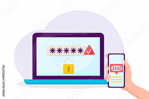Two step authentication vector illustration, flat cartoon smartphone and computer safety login or signin, two steps verification via mobile phone and pc notice