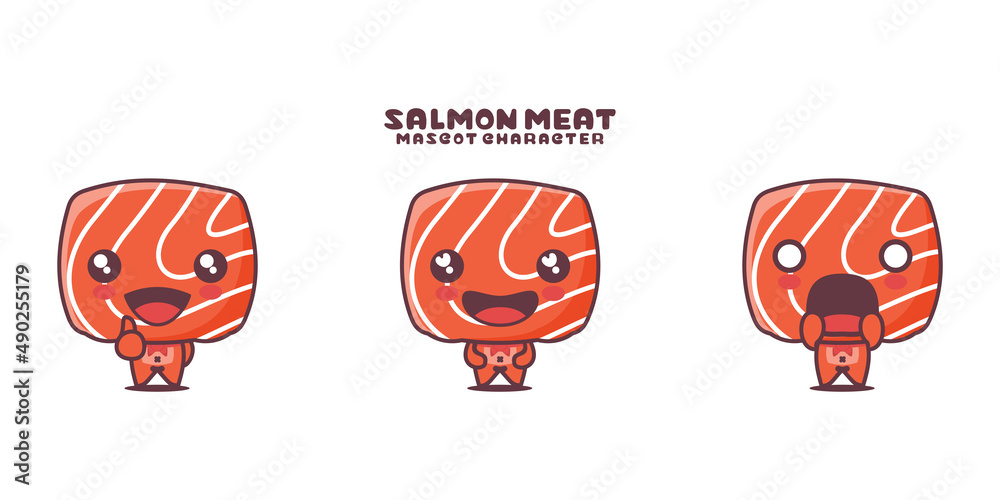 salmon meat cartoon mascot illustration, with different expressions