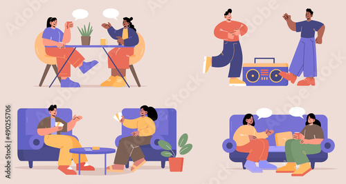 Friends meeting for hobby, play card game, talking, drink tea or coffee together. Vector flat illustrations of multiracial people have fun sitting in cafe, on sofa at home and dance