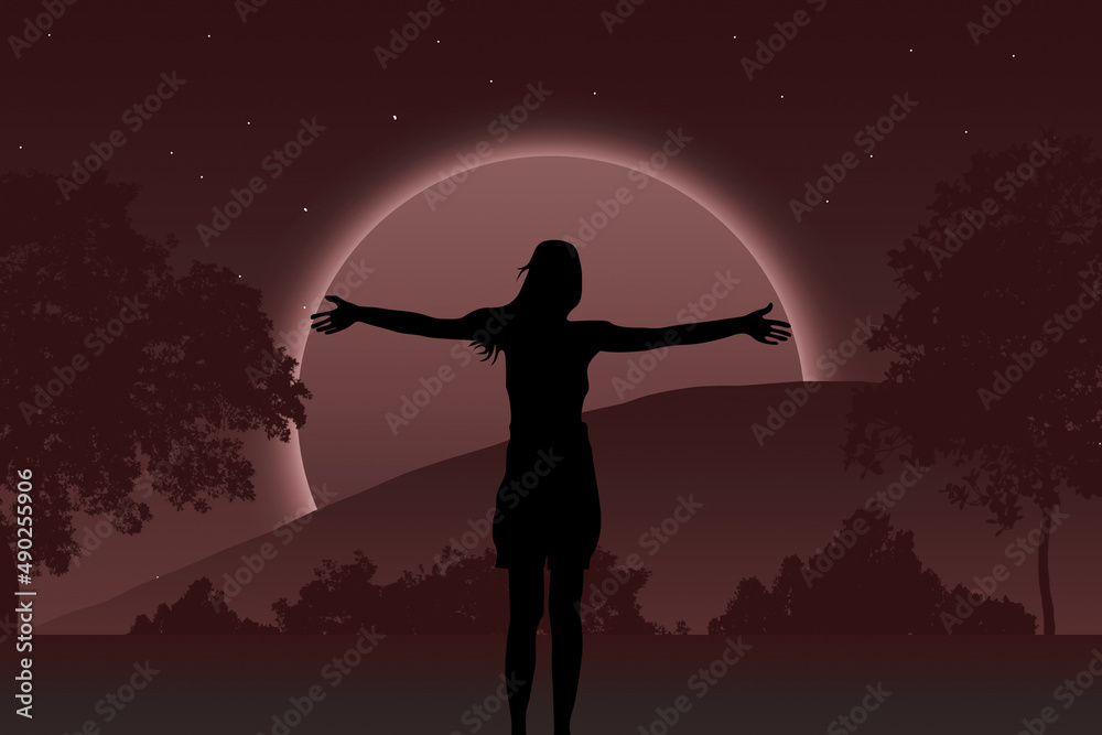 silhouette of a person in the sunset, the forest in the mountains