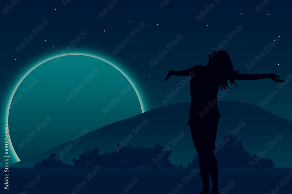 silhouette of a person in the night, the forest in the mountains
