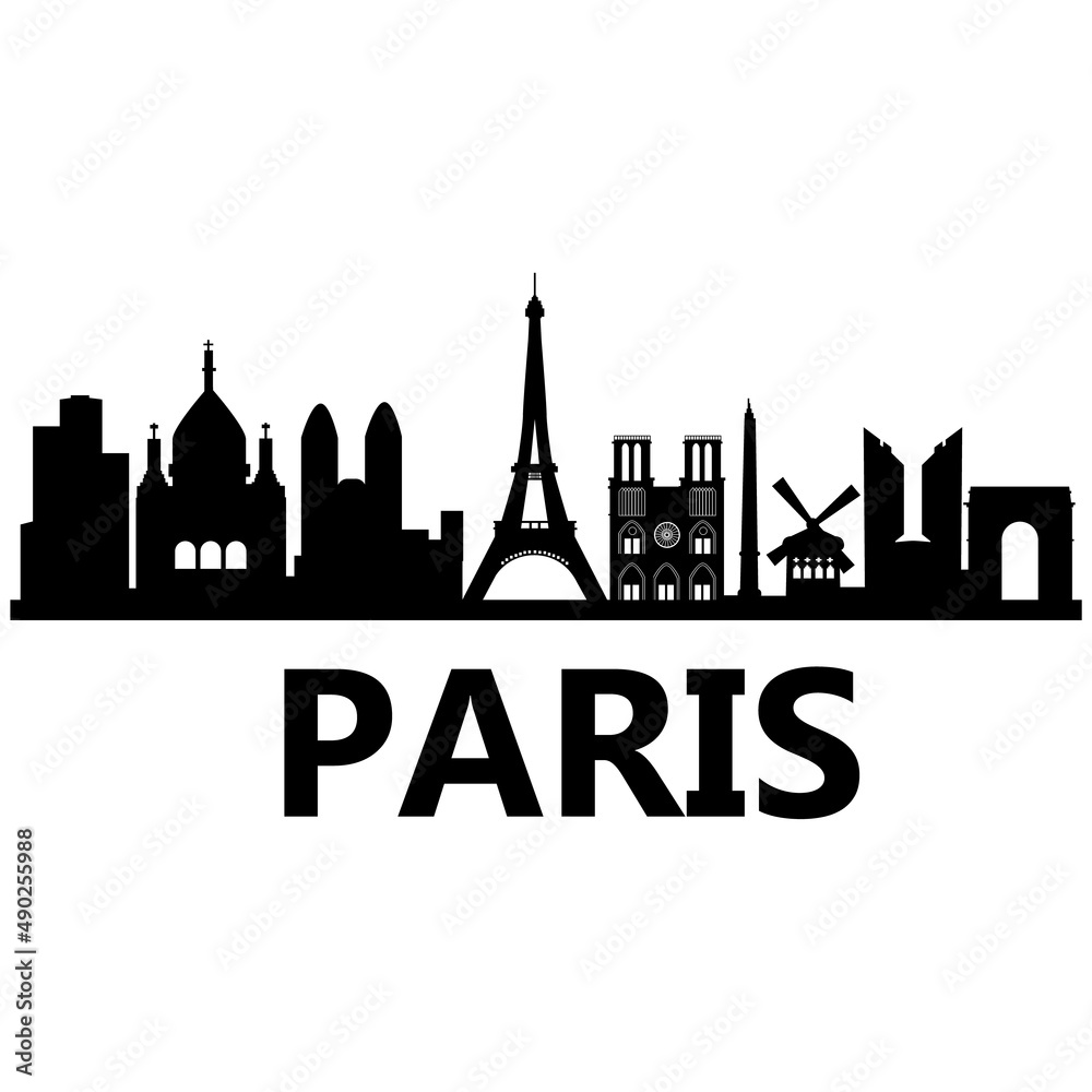 Obraz premium Paris France city skyline on white background. France travel destination silhouette. Paris city sign. flat style.