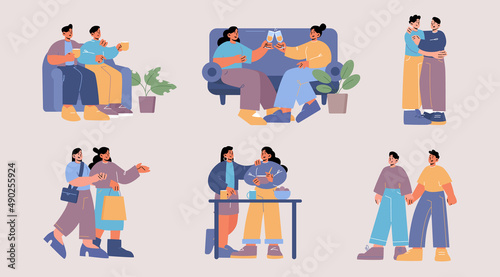 Lgbt couple romantic spare time, gays and lesbian love relations, homosexual men and women relationship, dating, drinking wine, cooking and walk together, people hugging, Line art vector illustration