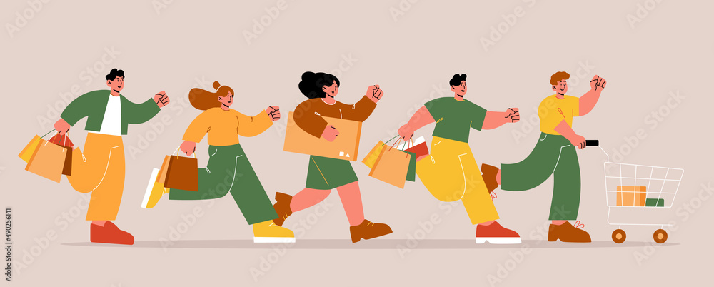 People with bags and shopping cart run. Concept of shop sale, discount in store. Vector flat illustration of crowd of excited men and women fast running, rush and hurry to purchase