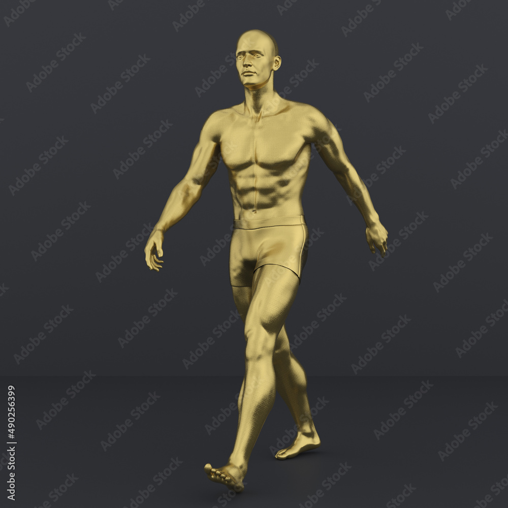 3D Render : Portrait of golden texture male character acting, posing his body with common daily gesture