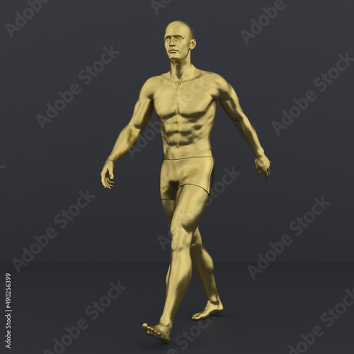 3D Render : Portrait of golden texture male character acting, posing his body with common daily gesture