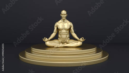 3D Render   Portrait of golden texture male character performing meditation session on the golden podium