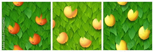 Textures of orange, lemon and apple tree for game background. Vector cartoon seamless patterns of tropical fruit tree foliage with green leaves and harvest