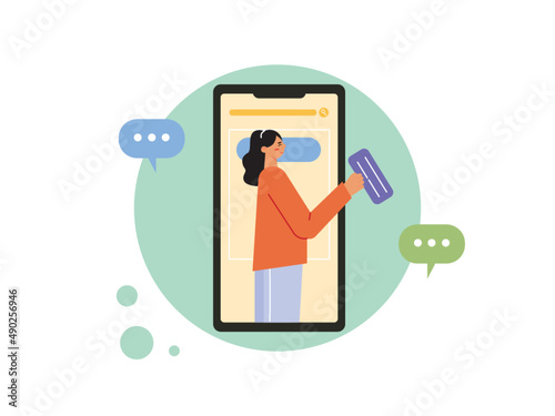 Woman writing on social media and getting response with several messages. Bloggers vector illustration