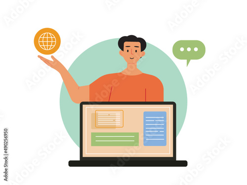 Blogger showing his collection of creative blogs about web design. Bloggers explain online so that bubble messages appear. Ai vector illustration	