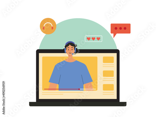 A vlogger is online using a headset plus a microphone. Businessman communicate online. Ai vector illustration	
