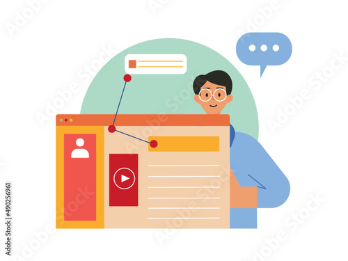 A vlogger shows several video themes that have been uploaded on his page. Search for the desired video. Ai vector illustration	
