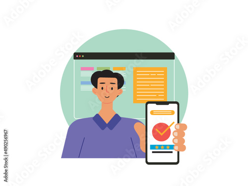 A man shows his cellphone screen with a check mark and get best rating. Blogger vector illustration	