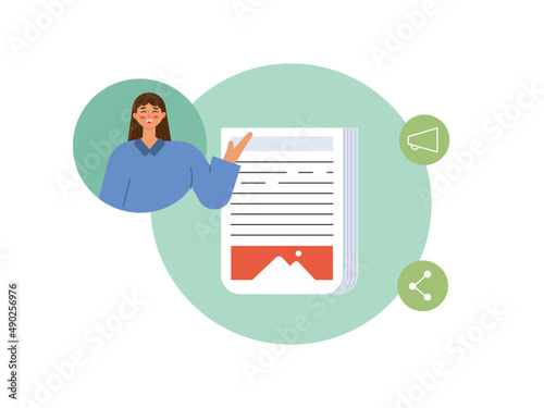 A woman shows the contents of her blog. Blogger vector illustration	